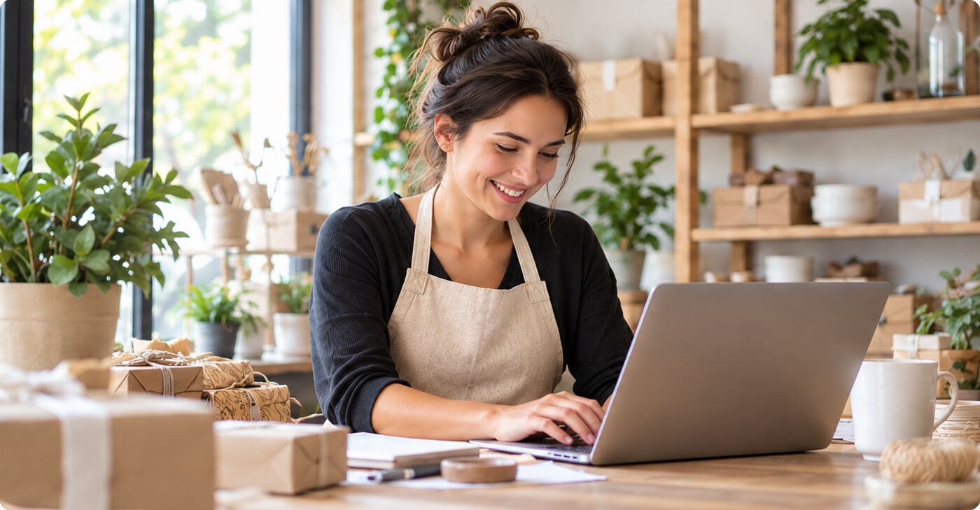 Die Inhaberin eines kleinen Ladens arbeitet am Laptop.