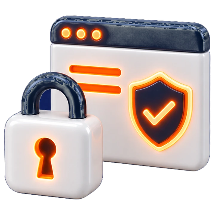 A padlock in front of a browser window with a shield